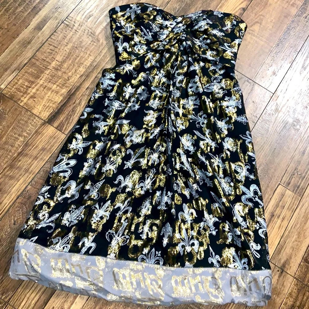 Y2k Nicole miller holiday silk gold boho printed strapless cocktail dress 4